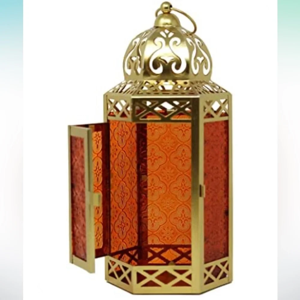 Lanterns Metal Moroccan Decorative Candle Holder. Gold, Amber Glass, Large